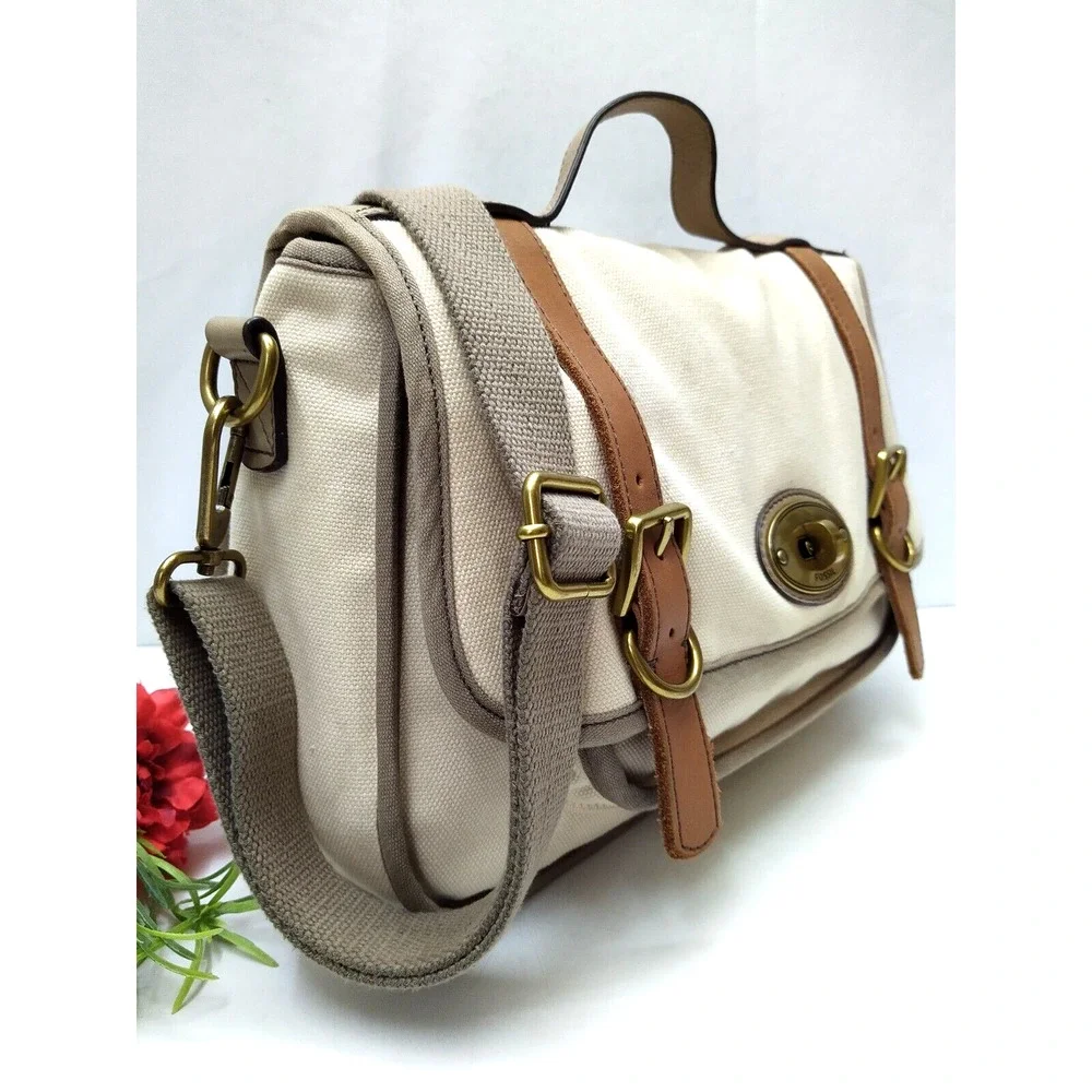Fossil Long Live Vintage 54 Ivory Canvas Turnlock Flap Messenger Crossbody Bag